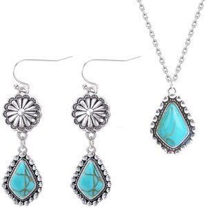 Turquoise Dangle Earrings & Necklace Set for Women, 925 Sterling Silver Western